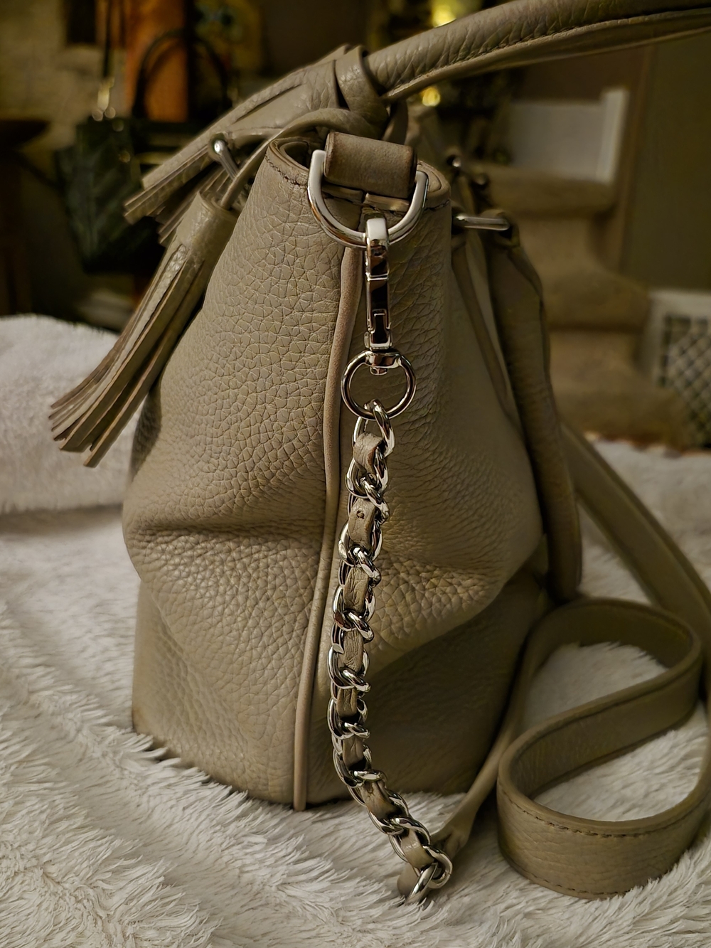 Tory Burch Taupe Leather Tote with Tassel - Picture 6 of 11